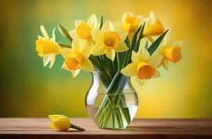 ai generiert Mütter Tag, International Damen Tag, st. Davids Tag, Strauß von Gelb Narzissen im ein Glas Vase, Frühling Blumen, Gelb Hintergrund foto