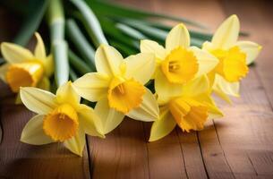 ai generiert International Damen Tag, Mütter Tag, st. Davids Tag, Strauß von Gelb Narzissen, Frühling Blumen, hölzern Hintergrund foto