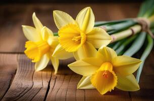 ai generiert Mütter Tag, International Damen Tag, st. Davids Tag, Strauß von Gelb Narzissen, Frühling Blumen, hölzern Hintergrund foto