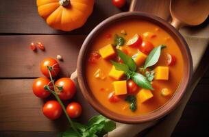 ai generiert hallo, ein Feier von Frühling und hell Farben im Indien, traditionell indisch Küche, National indisch Gericht, Gemüse Suppe, Sambar mit Kürbis und Tomaten, schön Portion, oben Aussicht foto