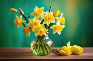 ai generiert Mütter Tag, International Damen Tag, st. Davids Tag, Strauß von Gelb Narzissen im ein Glas Vase, Frühling Blumen, Grün Hintergrund foto