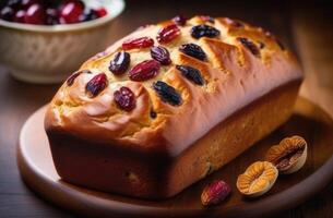 ai generiert National Walisisch Küche, st. Davids Tag, traditionell bara brith, schön Portion, Gewürze und getrocknet Früchte, köstlich Foto