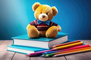 ai generiert süß Teddy Bär Sitzung auf ein Stapel von Bücher, farbig Bleistifte, Kinder Fee Erzählungen, lesen zum Kinder, Blau Hintergrund foto