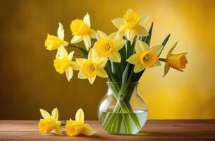 ai generiert st. Davids Tag, International Damen Tag, Strauß von Gelb Narzissen im ein Glas Vase, Frühling Blumen, Gelb Hintergrund foto