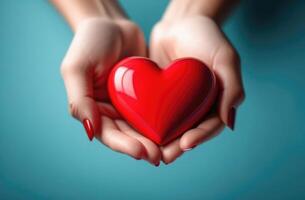 ai generiert Welt Kompliment Tag, klein rot Herz Figur im Hände, oben Aussicht foto