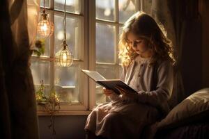 ai generiert International Kinder Buch Tag, lockiges Haar Mädchen, Mädchen lesen ein Buch auf das Fenster, Zuhause Bibliothek foto