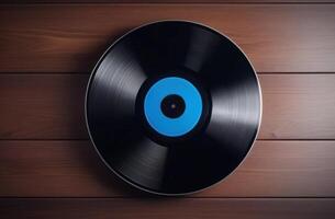 ai generiert Welt Rock 'n' Roll Tag, Vinyl Aufzeichnung auf ein hölzern Wand, klassisch retro Musik, dunkel Bretter foto