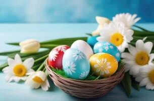 ai generiert Ostern, Korb mit farbig Eier, Nest, Blau Hintergrund, Weiß Frühling Blumen, Schneeglöckchen foto