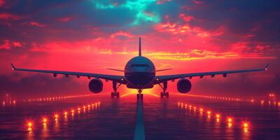 ai generiert groß Jetliner fliegend Über Runway beim Sonnenuntergang foto