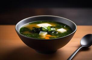 ai generiert Schüssel von Miso Suppe, Hervorheben das essbar Seetang wie ein nahrhaft und appetitlich Element innerhalb das Komposition foto
