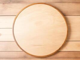 ai generiert leeren hölzern runden Tafel auf Holz Tisch, runden hölzern oben Aussicht zum Anzeige Ihre Produkte foto