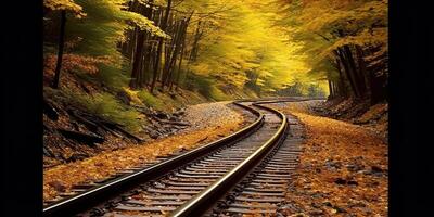 ai generiert Zug Eisenbahn Pfad Weg Transport draußen Natur Landschaft Sicht. Abenteuer fallen Jahreszeit foto