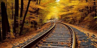 ai generiert Zug Eisenbahn Pfad Weg Transport draußen Natur Landschaft Sicht. Abenteuer fallen Jahreszeit foto