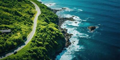 ai generiert schön Natur draussen Abenteuer Straße Ausflug Reise Straße Pfad Autobahn mit Ozean Meer Küste foto