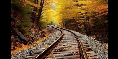 ai generiert Zug Eisenbahn Pfad Weg Transport draußen Natur Landschaft Sicht. Abenteuer fallen Jahreszeit foto