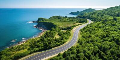 ai generiert schön Natur draussen Abenteuer Straße Ausflug Reise Straße Pfad Autobahn mit Ozean Meer Küste foto