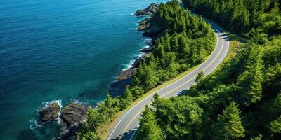 ai generiert schön Natur draussen Abenteuer Straße Ausflug Reise Straße Pfad Autobahn mit Ozean Meer Küste foto