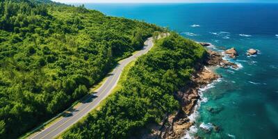 ai generiert schön Natur draussen Abenteuer Straße Ausflug Reise Straße Pfad Autobahn mit Ozean Meer Küste foto