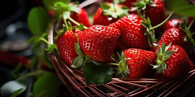 ai generiert frisch roh Vegetarier rot Grün Beere Erdbeere im Korb. Markt Pflanze Farmer Ernte foto