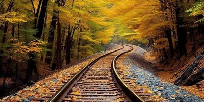 ai generiert Zug Eisenbahn Pfad Weg Transport draußen Natur Landschaft Sicht. Abenteuer fallen Jahreszeit foto