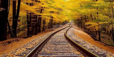 ai generiert Zug Eisenbahn Pfad Weg Transport draußen Natur Landschaft Sicht. Abenteuer fallen Jahreszeit foto