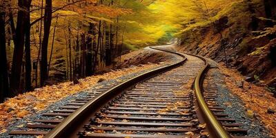 ai generiert Zug Eisenbahn Pfad Weg Transport draußen Natur Landschaft Sicht. Abenteuer fallen Jahreszeit foto