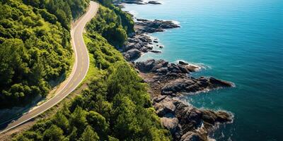 ai generiert schön Natur draussen Abenteuer Straße Ausflug Reise Straße Pfad Autobahn mit Ozean Meer Küste foto