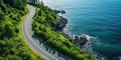 ai generiert schön Natur draussen Abenteuer Straße Ausflug Reise Straße Pfad Autobahn mit Ozean Meer Küste foto