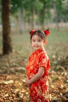 heiter jung Mädchen mit bezaubernd rot Haar Gebäck tragen ein beschwingt traditionell Chinesisch cheongsam Kleid draußen im das Garten Park. Chinesisch Tag Konzept. foto