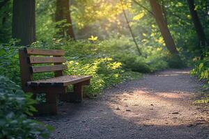 ai generiert ein einladend hölzern Bank durch ein still See bietet an ein friedlich Rückzug inmitten das üppig Grün von ein Wald. foto