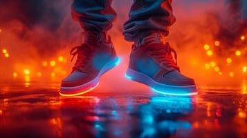 ai generiert Person Stehen auf reflektierend Oberfläche mit glühend Füße foto