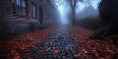 ai generiert ein nebelig Straße mit rot Blätter auf das Boden foto
