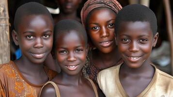 ai generiert Gruppe von glücklich afrikanisch Kinder lächelnd zusammen im ein Dorf Rahmen foto