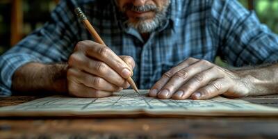 ai generiert Nahansicht von des Mannes Hände Abfassung mit Bleistift auf architektonisch Entwurf foto