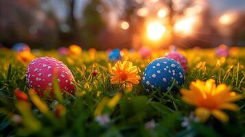 ai generiert bunt Ostern Eier im Feld foto