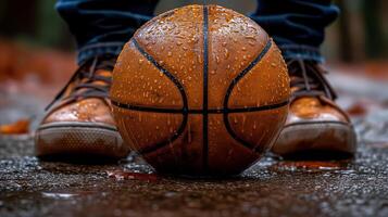 ai generiert Nahansicht von Basketball auf Boden foto