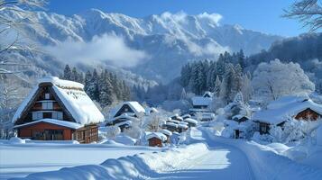 ai generiert schneebedeckt Dorf mit Berg im Hintergrund foto