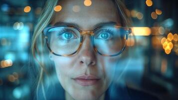 ai generiert Nahansicht Porträt von jung Frau mit Brille gegen Bokeh Beleuchtung foto