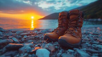 ai generiert braun Stiefel auf felsig Strand foto