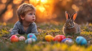 ai generiert ein klein Kind und ein Hase Stehen im das Wiesen mit bunt Eier im Vorderseite von ihnen. foto