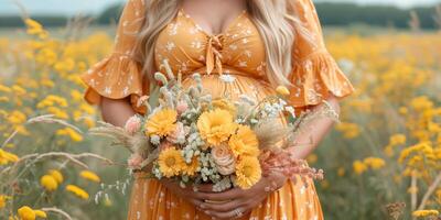 ai generiert schwanger Frau halten Strauß im Blühen Blume Feld foto