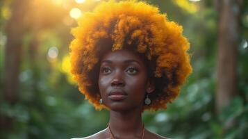 ai generiert heiter afrikanisch amerikanisch Frau mit natürlich afro Frisur draußen foto