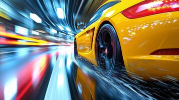 ai generiert dynamisch schnelle Geschwindigkeit Bewegung verwischen von ein beschwingt Gelb Sport Auto auf ein Stadt Straße foto