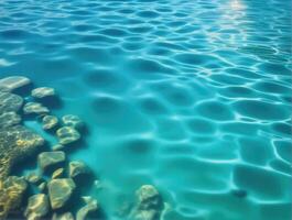 ai generiert ein Blau Wasser mit Felsen und Sonne leuchtenden auf es foto