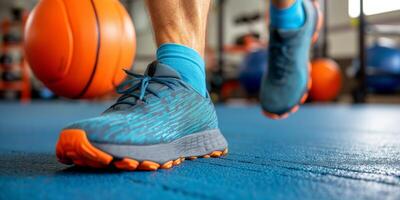 ai generiert Nahansicht von Sportler Füße im Turnschuhe Gehen im Fitnessstudio mit Basketball foto