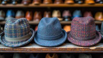 ai generiert Vielfalt von stilvoll Fedora Hüte auf Anzeige im ein Mode Geschäft foto