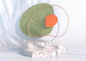 Boho-Podium mit Palmblattschatten und Pastellfarben für die Präsentation von kosmetischen Produkten. leerer schaufenstersockelhintergrund mock-up. 3D-Rendering.