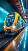 ai generiert schnelle Geschwindigkeit Zug im Bewegung auf ein modern Eisenbahn Bahnhof foto