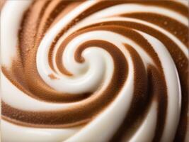 ai generiert Cappuccino Milch Schaum Spiral- Nahansicht foto