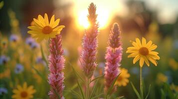 ai generiert golden Stunde Pracht mit Gelb Wildblumen und Rosa Blüten foto